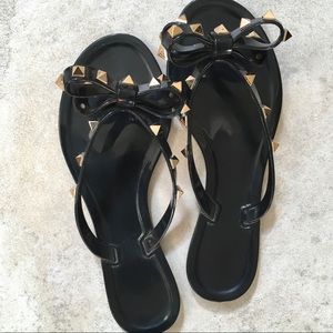 Valentino -ish Gold Rock Stud Jelly Bow Flip Flops